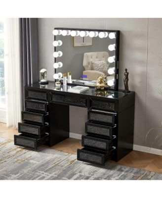 Crushed Diamond Vanity Desk with 15 LED Bulbs Mirror and 11 Drawers