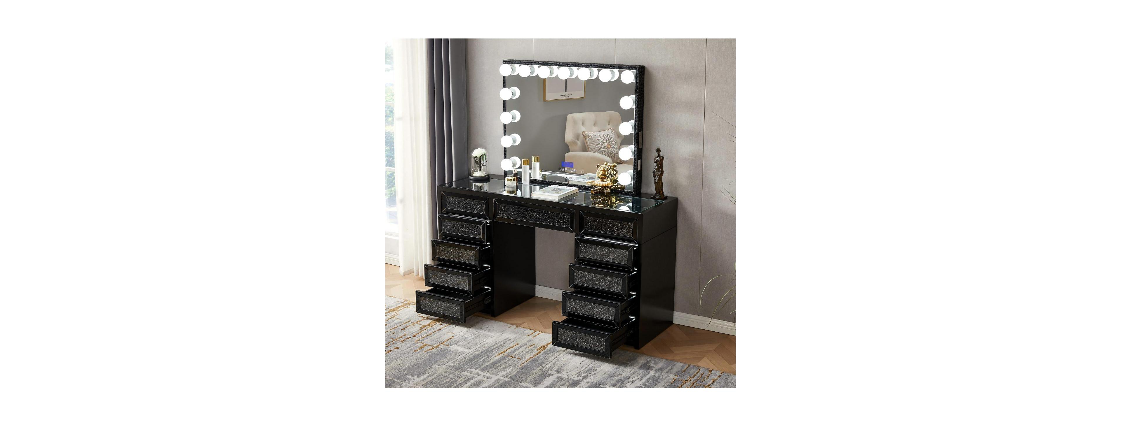 Streamdale Furniture Crushed Diamond Vanity Desk with 15 Led Bulbs Mirror and 11 Drawers