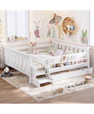 Queen Wood Floor Bed with Bookcase, Drawers and Guardrails