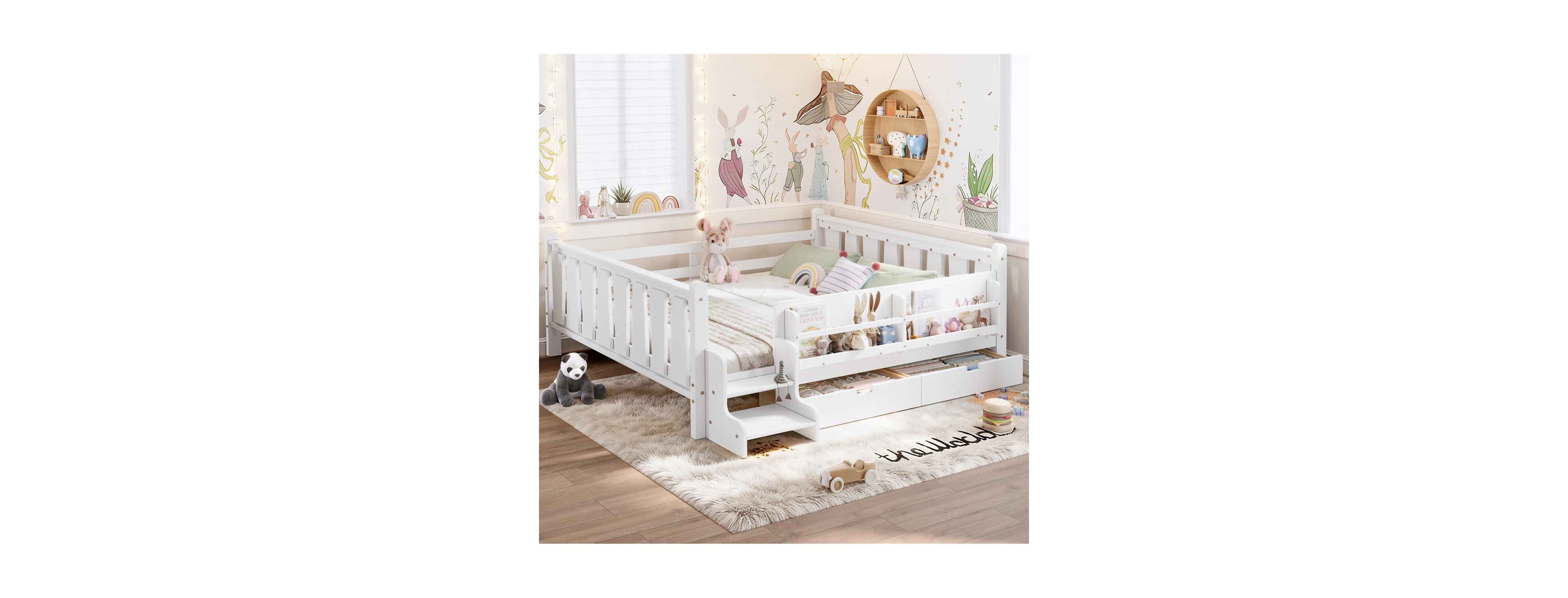 Streamdale Furniture Queen Wood Floor Bed with Bookcase, Drawers and Guardrails