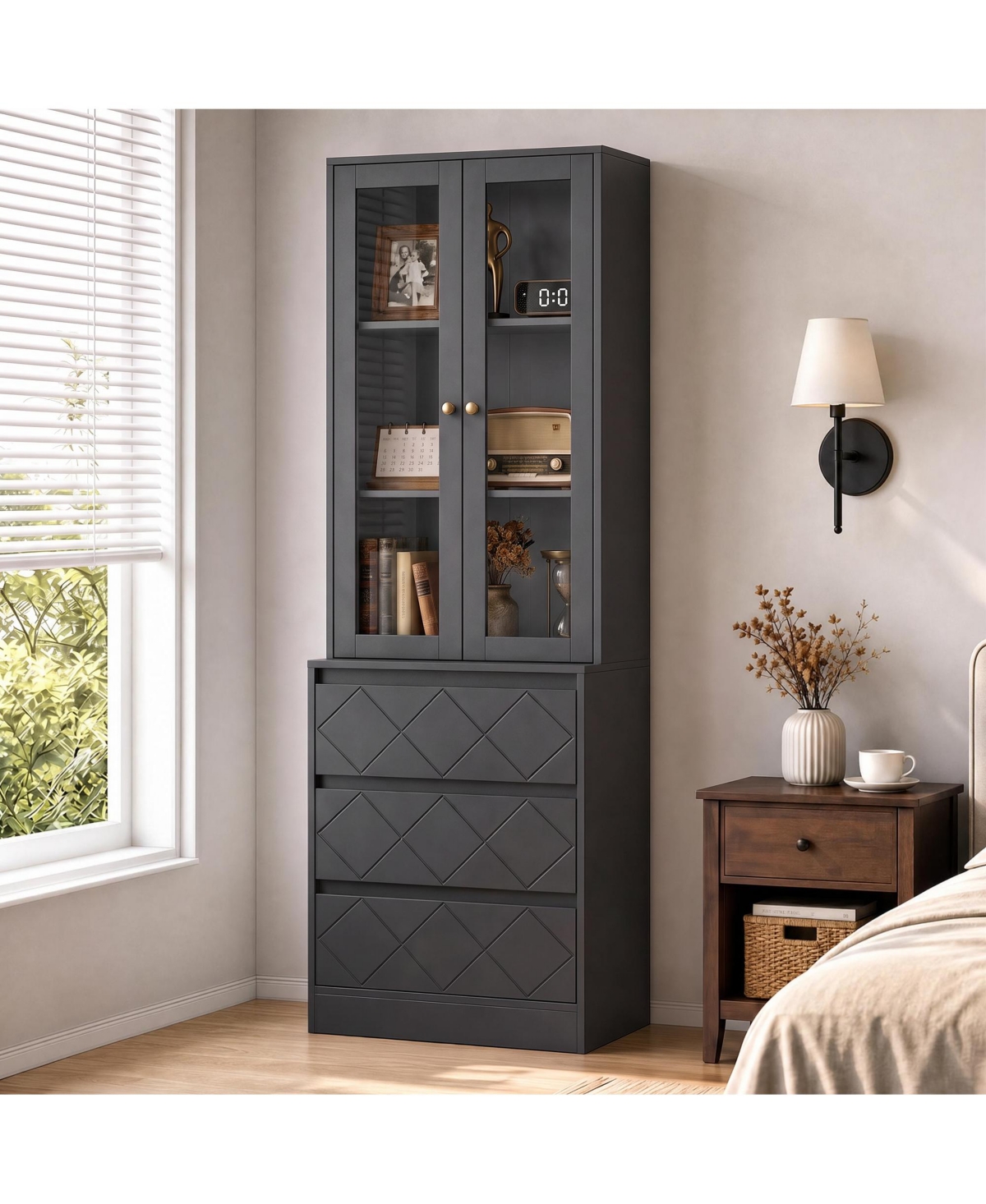 gaomon Tall Storage Bookcase Cabinet with Glass Doors and 3 Diamond Pattern Drawers, Pb+Mdf Display Cabinet - Black