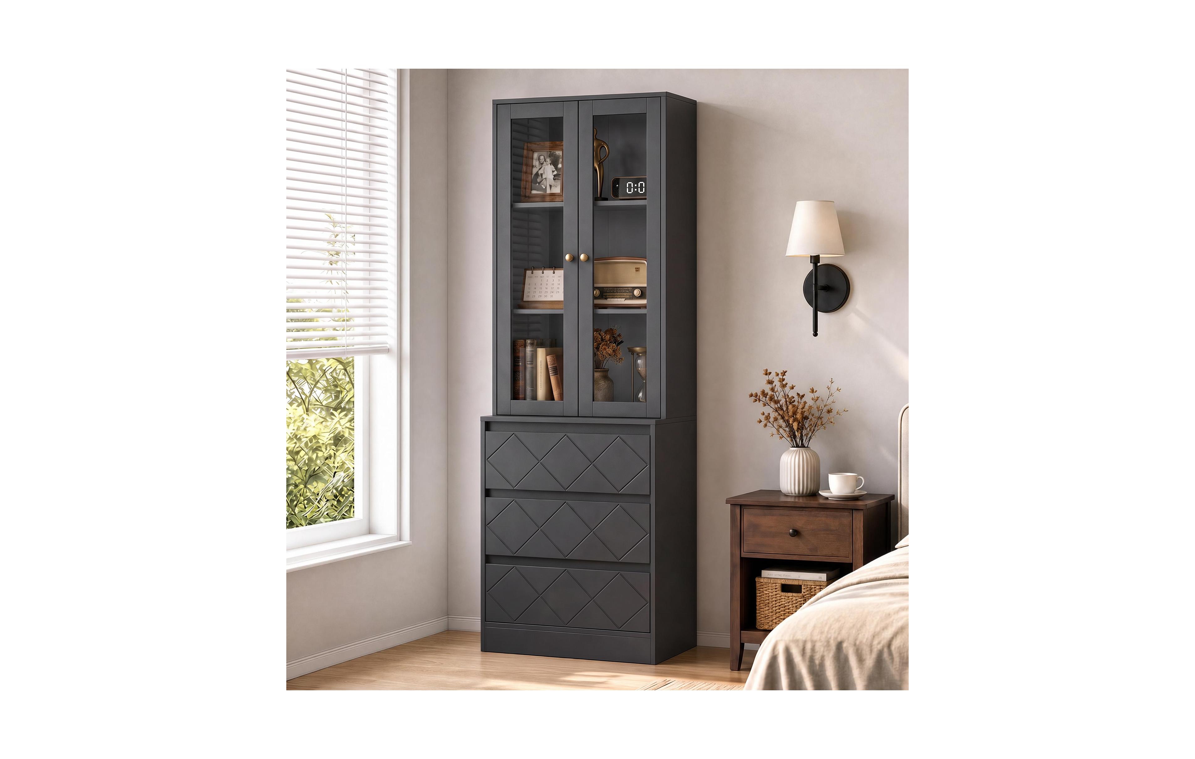 gaomon Tall Storage Bookcase Cabinet with Glass Doors and 3 Diamond Pattern Drawers, Pb+Mdf Display