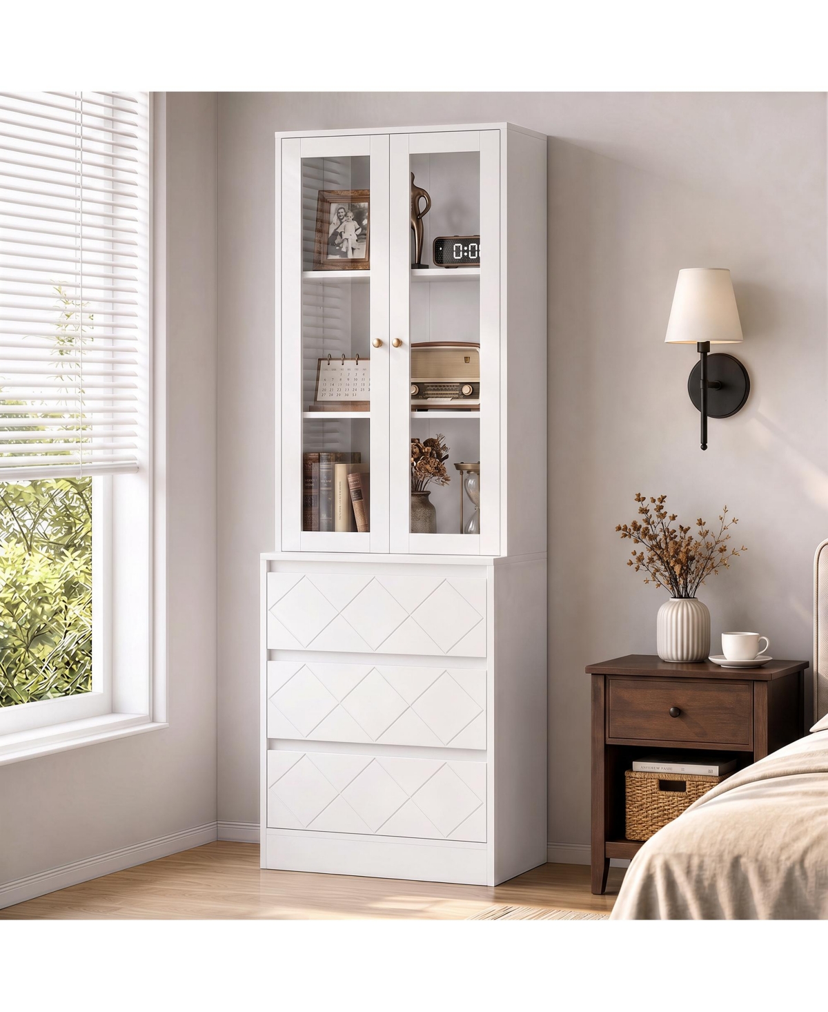 gaomon Tall Storage Bookcase Cabinet with Glass Doors and 3 Diamond Pattern Drawers, Pb+Mdf Display Cabinet - White