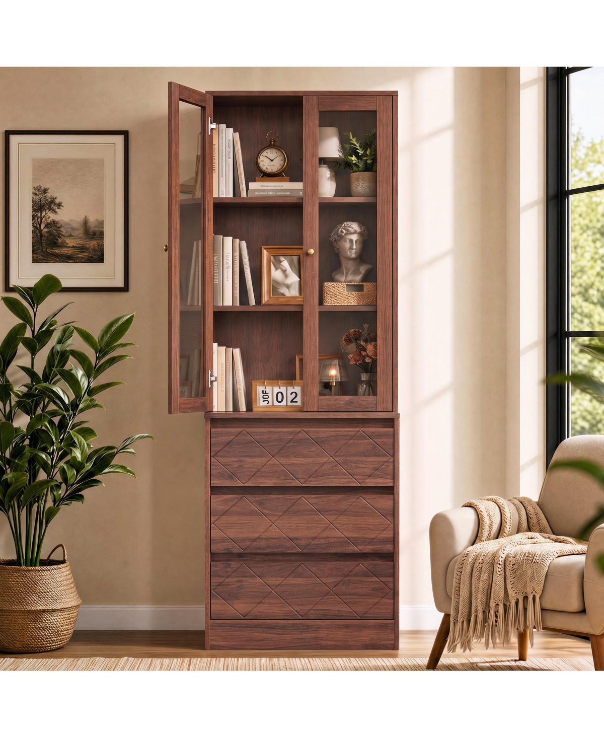 gaomon Tall Storage Bookcase Cabinet with Glass Doors and 3 Diamond Pattern Drawers, Pb+Mdf Display Cabinet - Brown