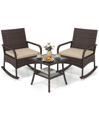3-Piece Wicker Rocking Bistro Set with 2-Tier Side Table Cushions and Ergonomic Armchairs for Porch