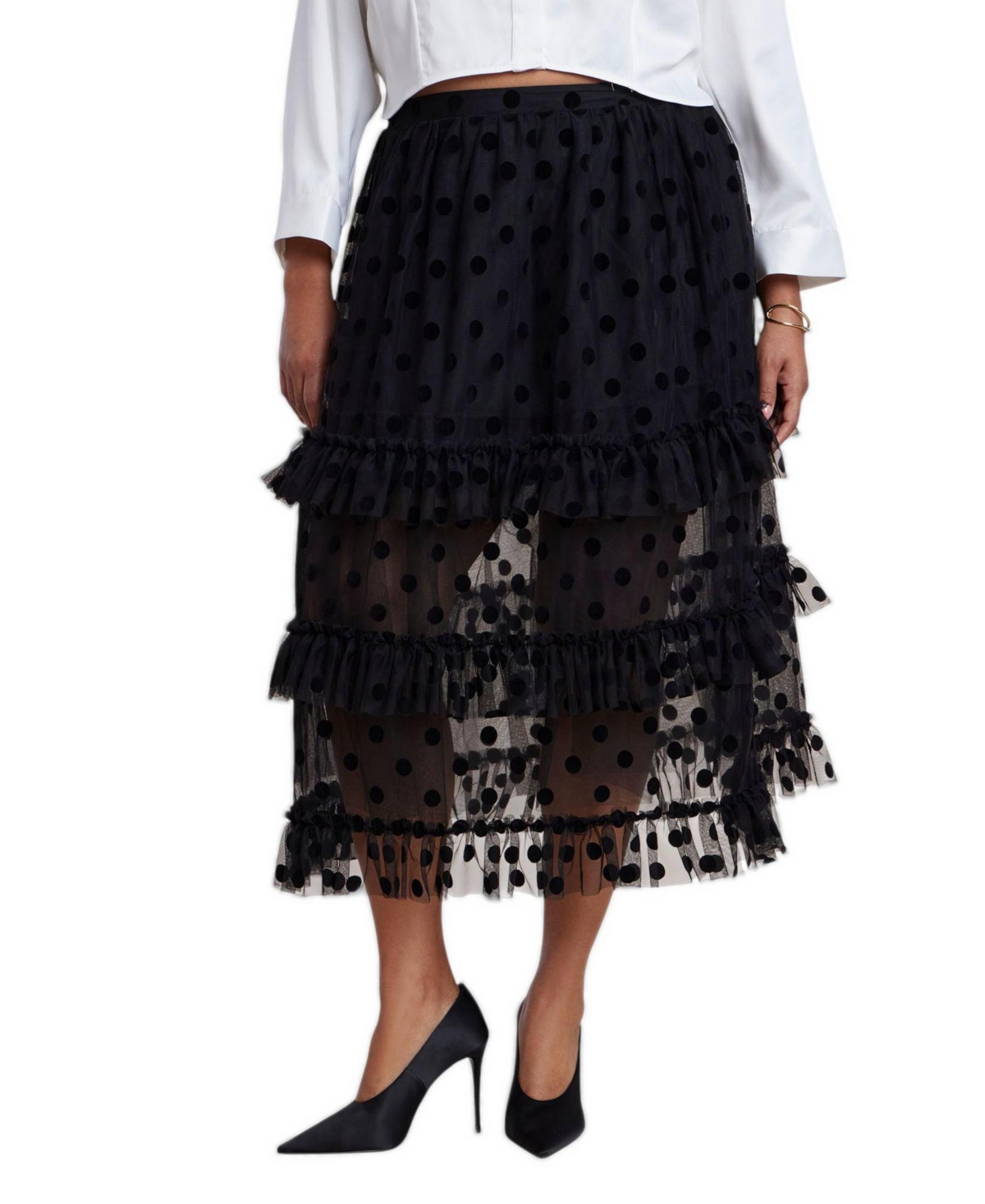 Eloquii Plus Size Polka-Dot Tiered-Ruffle Midi Skirt - Black onyx