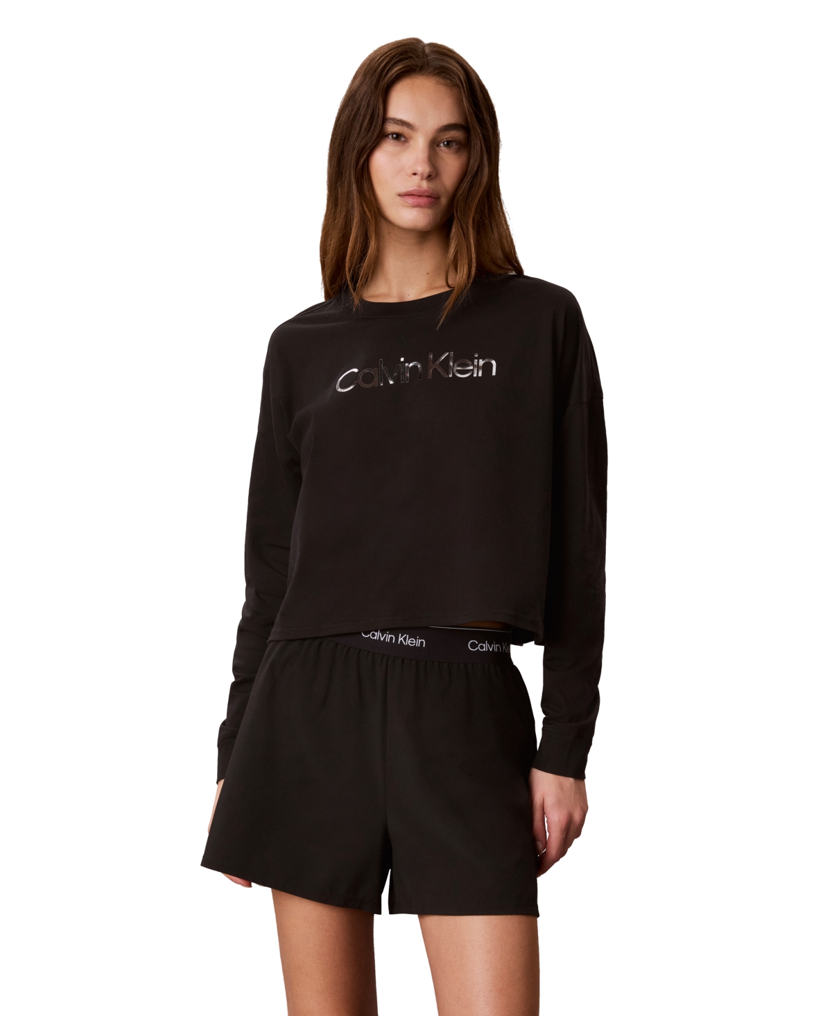 Calvin Klein Performance Women's Icon Sport Shine Graphic Logo Long-Sleeve Crewneck Crop T-Shirt - Black