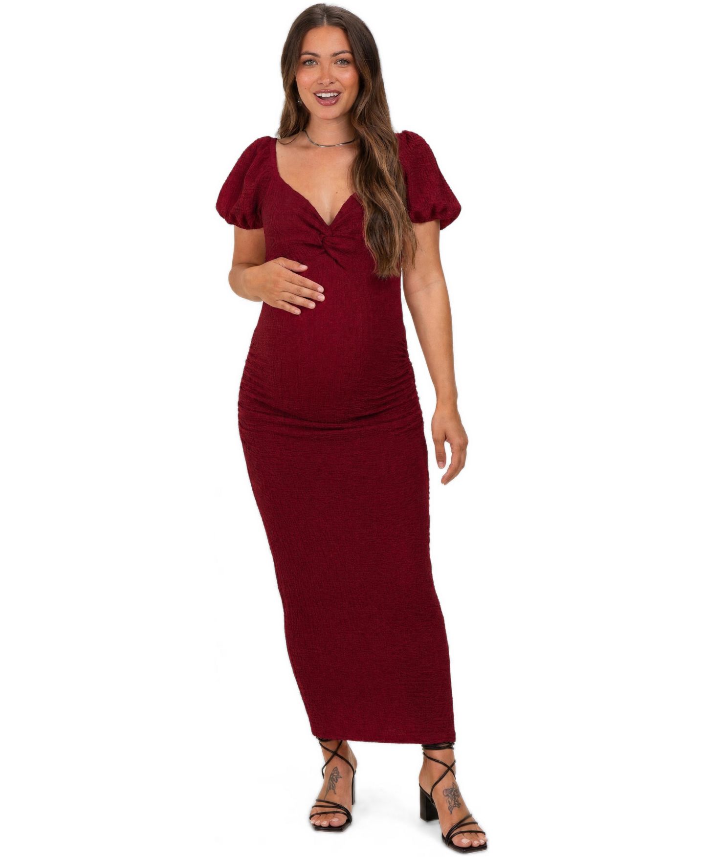 Женское платье Pinkblush Burgundy Knit Twisted Bust Short Sleeve Midi, цвет: Бордовый — фото 1