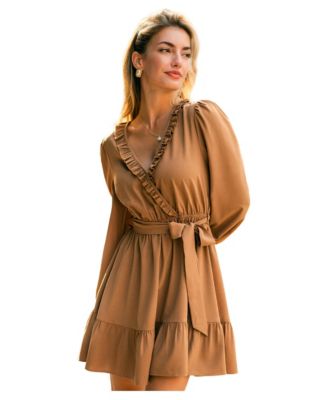 Women's Early Fall Long-Sleeve V-Neck Ruffled-Trim Mini Dress