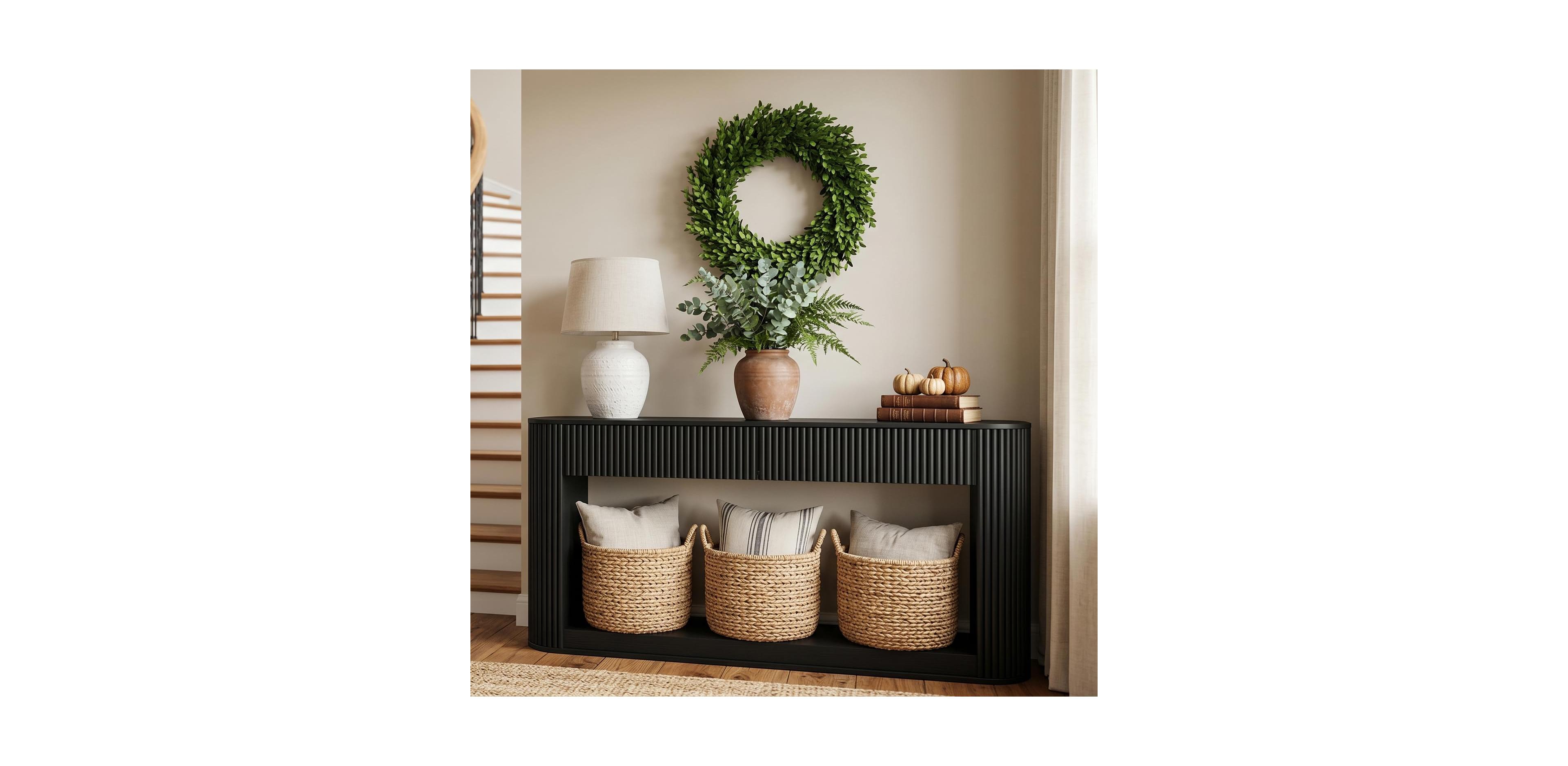 Vabches Fluted Console Table with 2 Storage Drawers Open Bottom Shelf Narrow Entryway Table