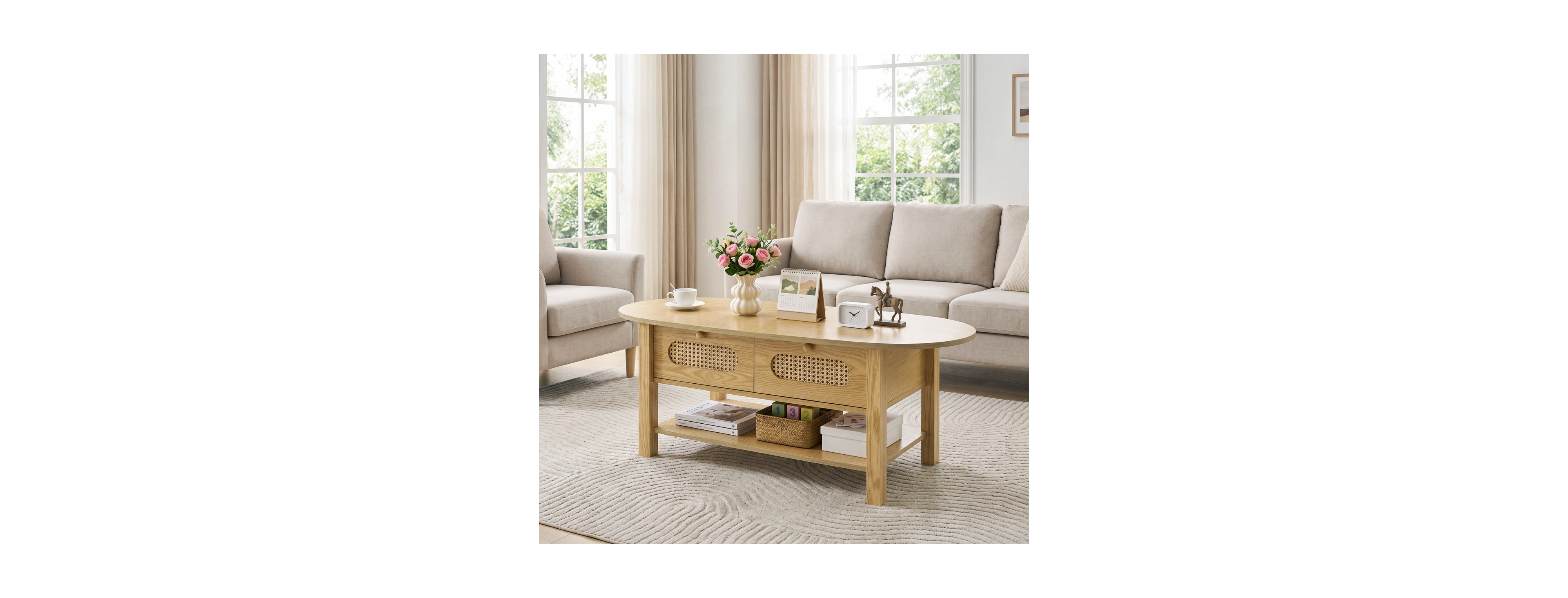 Streamdale Furniture Rattan Oval Coffee Table with Storage and Two Drawers