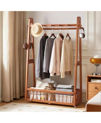 Solid Wood Mobile Garment Rack with Storage Basket and Wheels