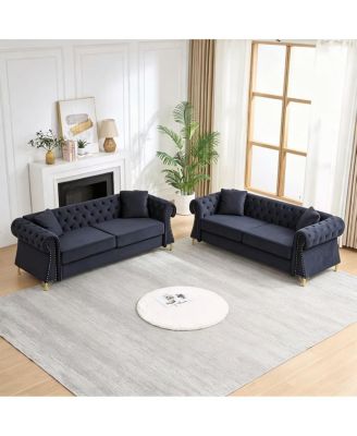 Velvet Chesterfield 3+3 Seater Sofa with Metal Legs and 2 Pillows