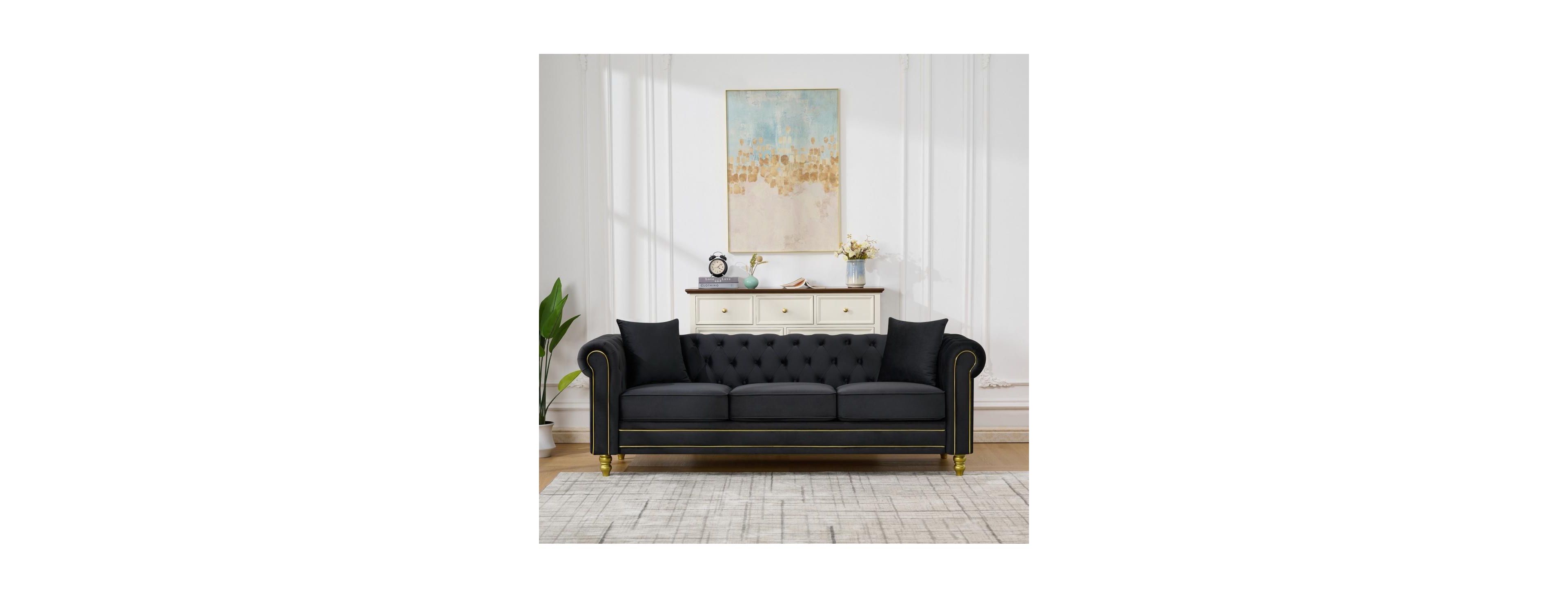 Streamdale Furniture 85" Velvet Chesterfield 3-Seater Sofa with Gold Legs