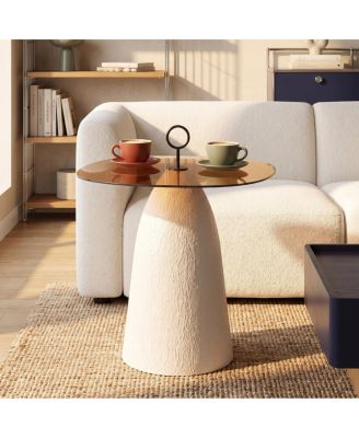 Indoor Accent Side Table With Brown Glass Top And White Textured Base