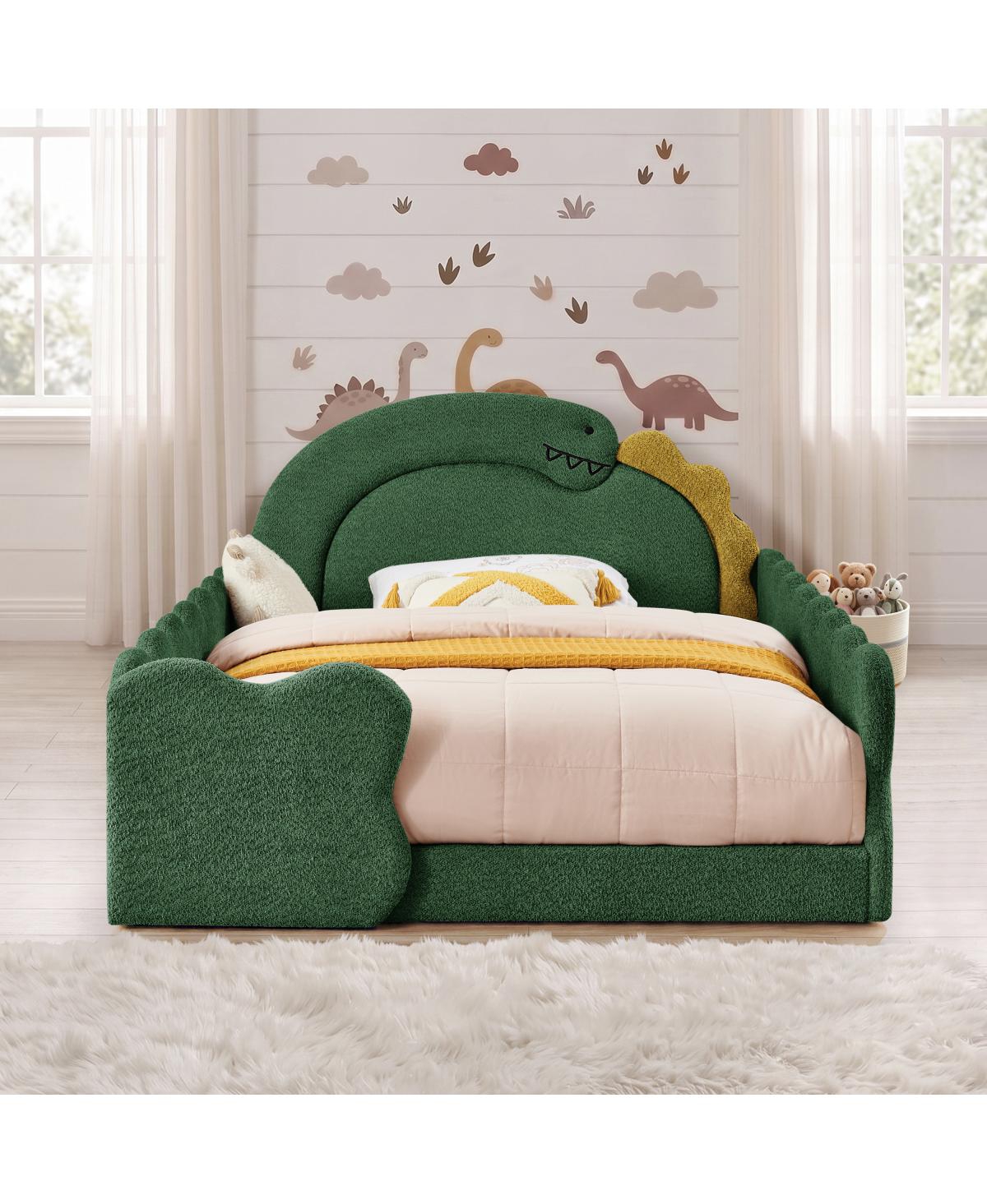 Streamdale Furniture Cute Dinosaur Full Size Wood Bed Frame with Guardrail and Boucle Fabric - Green
