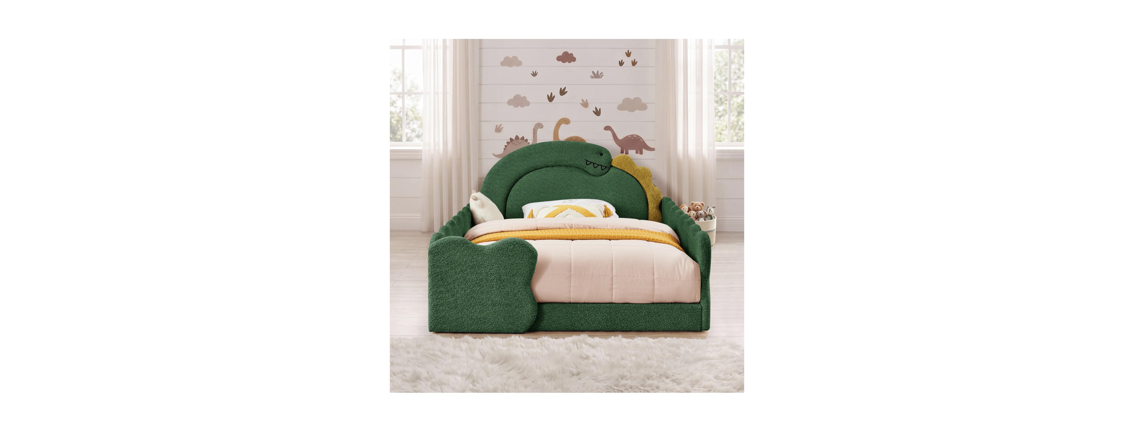Streamdale Furniture Cute Dinosaur Full Size Wood Bed Frame with Guardrail and Boucle Fabric