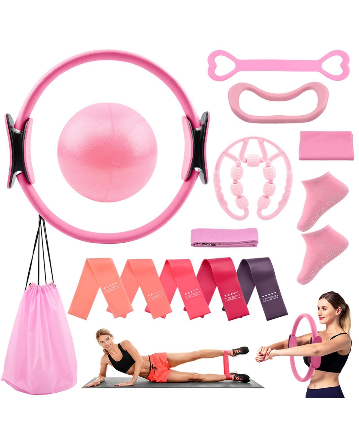 Sportneer 14 Piece All In One Pilates Starter Kit For Beginners Home Office Travel Workout Set - Pink