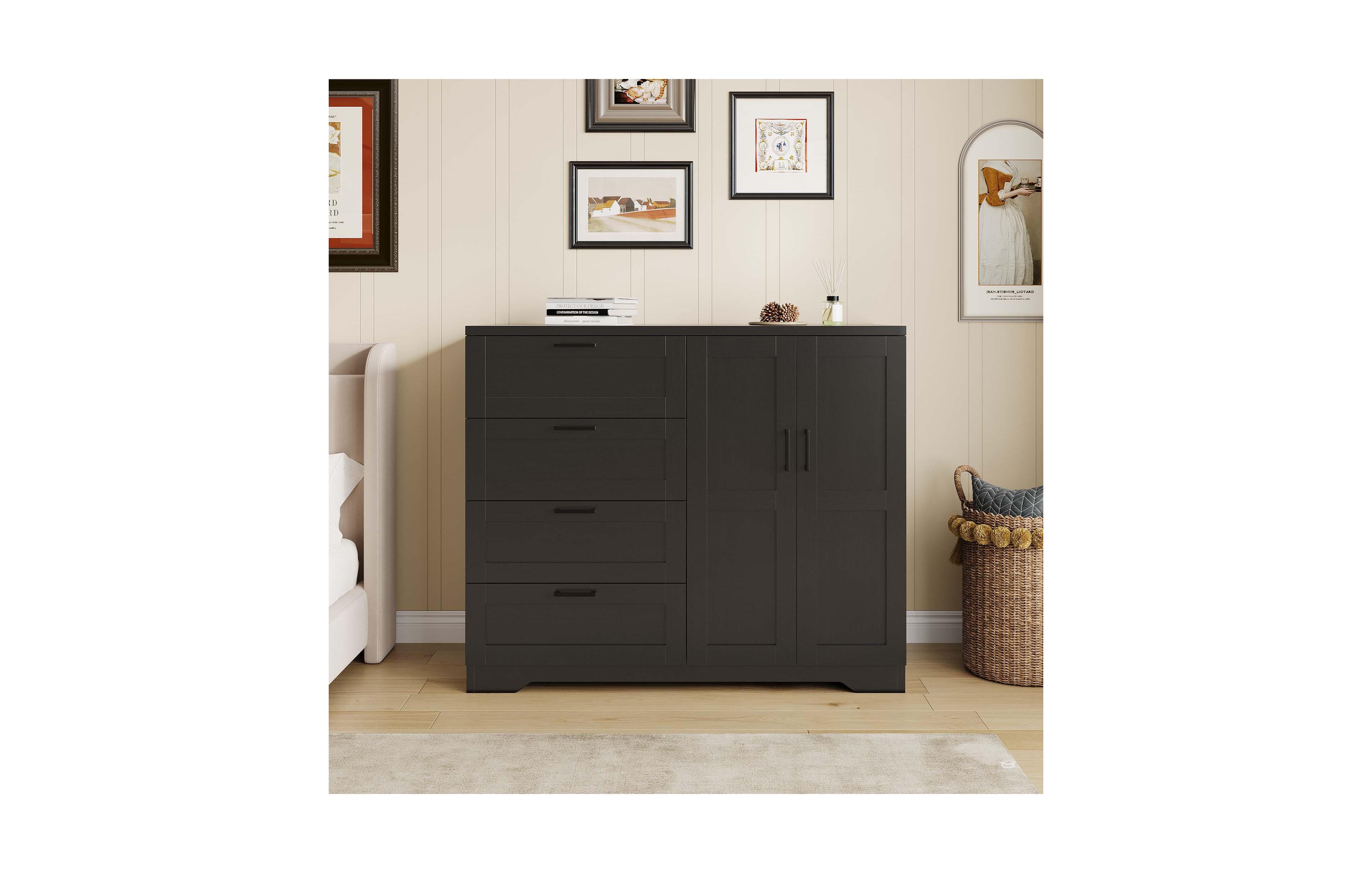 homfan 43.3 Inch Wooden Armoire Wardrobe 2 Doors 4 Drawers Hanging Rod Freestanding Closet Storage Cabinet for Bedroom
