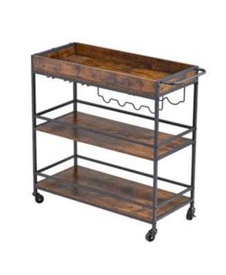 34.64 Inch 3-Tier Engineered Wood and Iron Rolling Bar Cart with Wine Rack and Stemware Holder