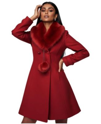 Women's Lucy Red Wool Fit-and-Flare Dress Coat with Detachable Faux-Fur Collar