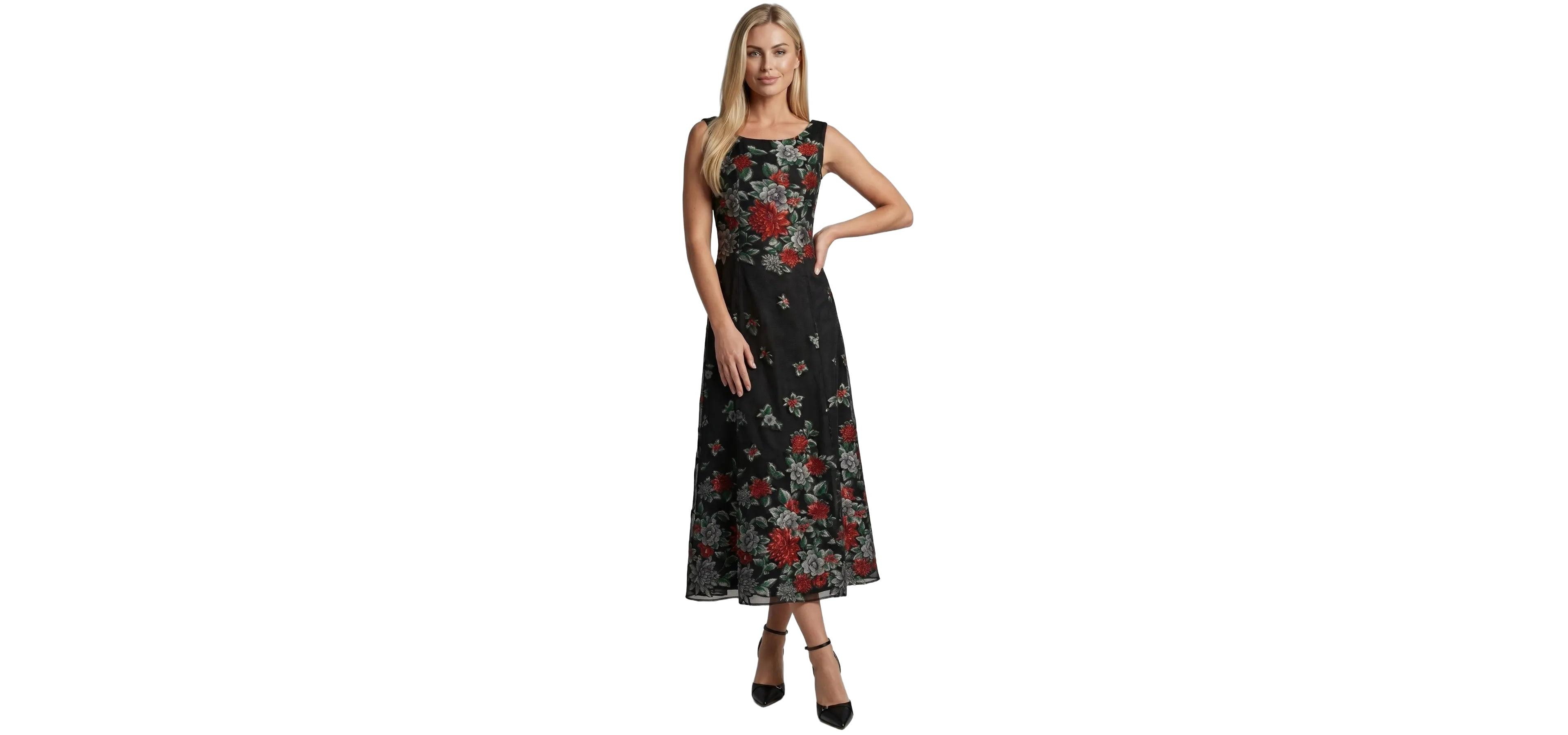 Luna Fashion House Women's Rina Floral Embroidered A-Line Maxi Dress