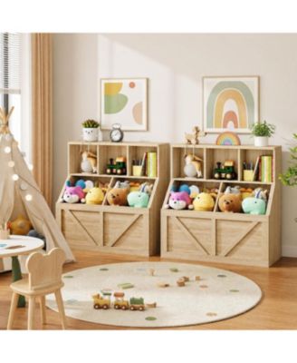 Set of 2 Multi-Zone Storage Kids Bookshelf and Toy Organizer, Engineered Wood with 3 Shelves and 2 Storage Bins, for Playroom Nursery Bedroom
