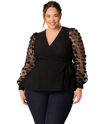 Plus Size Scattered Petals Long Sleeve Wrap Top