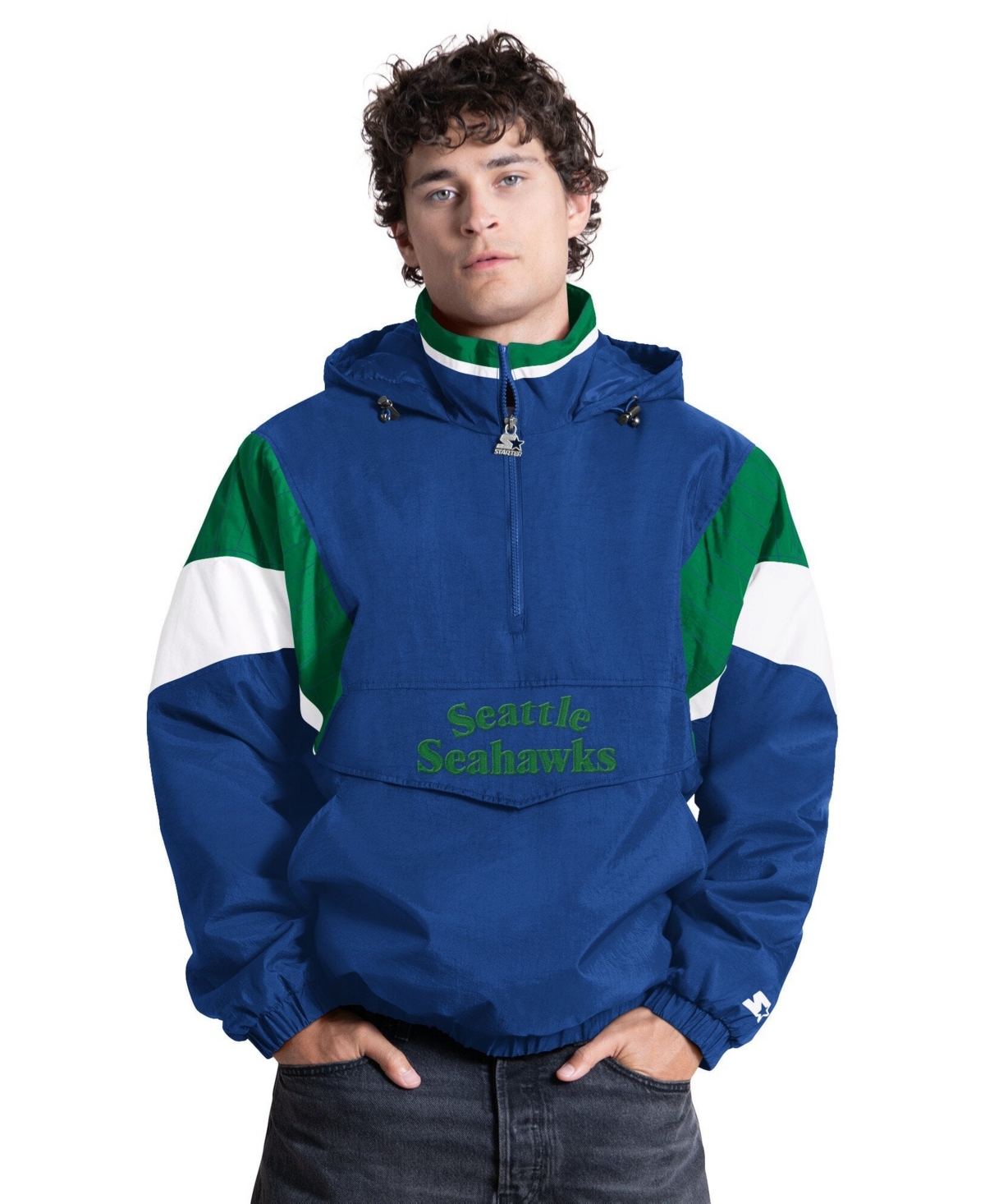 Starter Men's Royal Seattle Seahawks The Throwback Retro Logo Half-Zip Hooded Jacket - Royal, Green