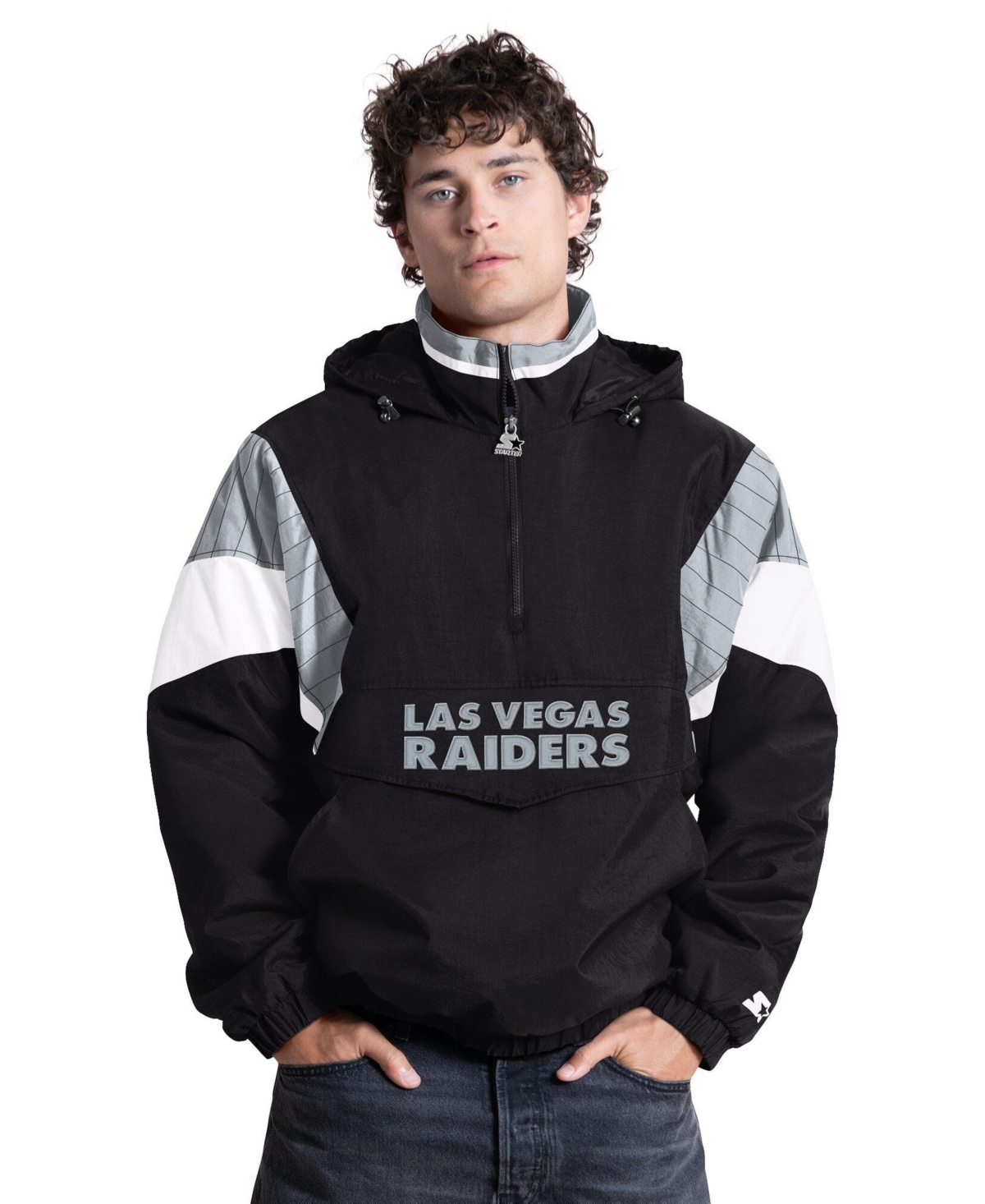 Starter Men's Black Las Vegas Raiders The Throwback Half-Zip Hooded Jacket - Black, Silver