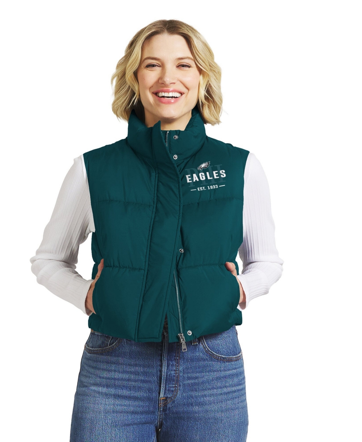 Wear by Erin Andrews Women's Midnight Green Philadelphia Eagles Cropped Puffer Full-Zip Vest - Midnight Green