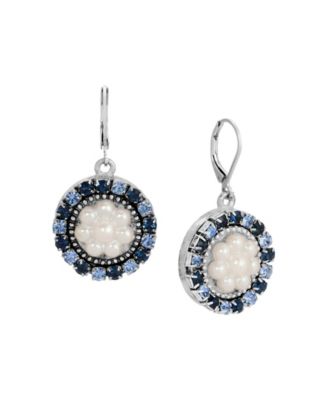 Imitation Pearl and Crystal Silver-Tone Blue Floral Drop Earrings