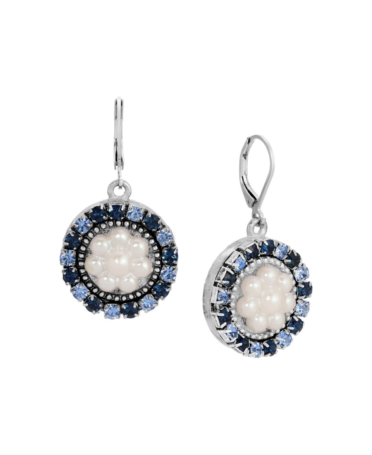 2028 Imitation Pearl and Crystal Silver-Tone Blue Floral Drop Earrings - Blue