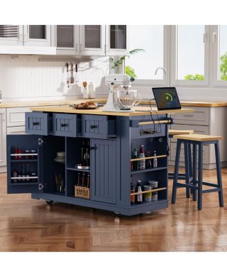 53" Kitchen Island with 2 Stools, Power Outlet, Storage and Drop Leaf