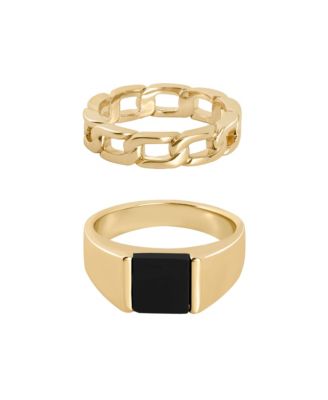 Men's Black Agate Signet and Chain Link Rings, 2-Piece Set