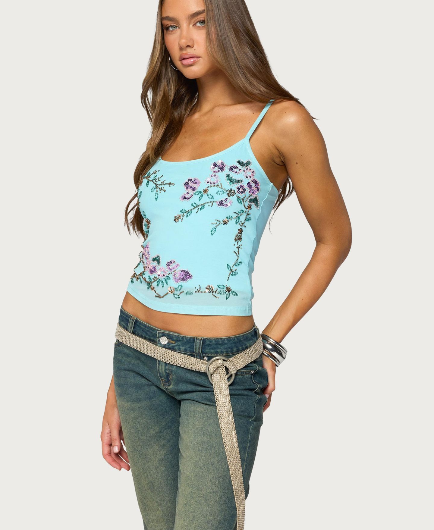 Женский топ Edikted Blair Floral Bead and Sequin Mesh, цвет: Синий — фото 4