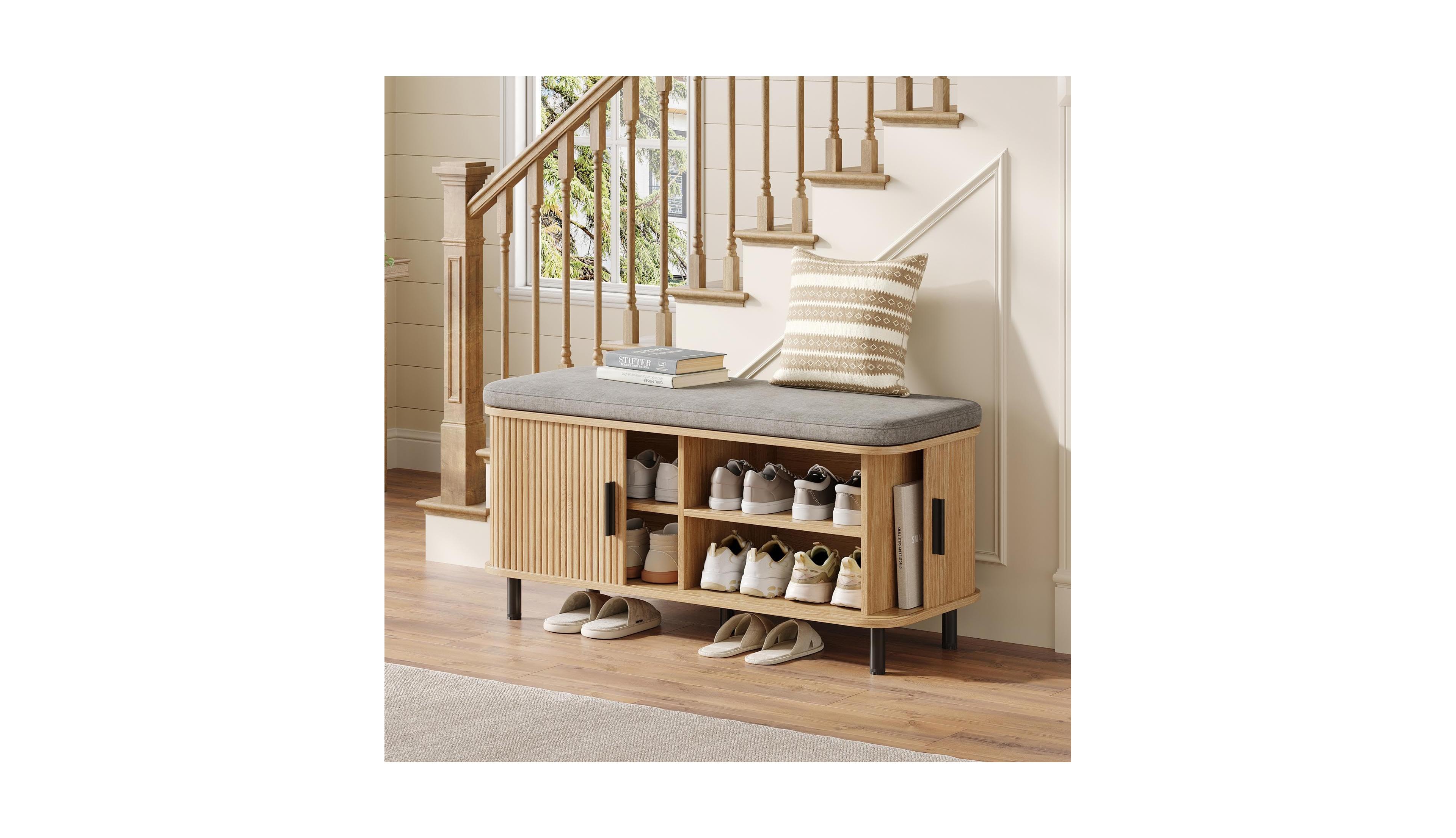 Vabches Shoe Storage Bench with Smooth Fluted Sliding Doors 2 Tier Hidden Shoe Organizer Cabinet Adjustable Shelf