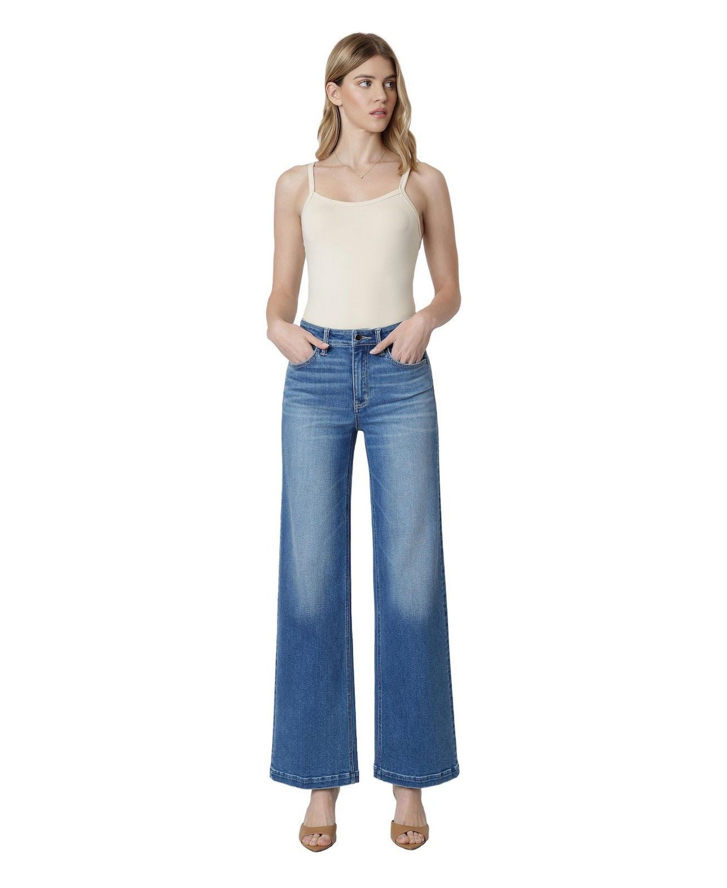 Женские джинсы Flying Monkey Aquarius High-Rise Trouser Fold Crease Wide-Leg, цвет: Средний синий — фото 3