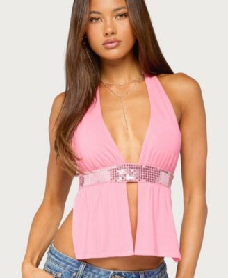 Women's Heily Sequin Backless Split-Front V-Neck Top