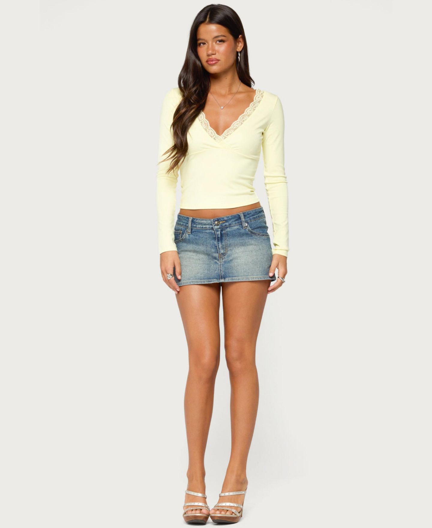 Женский топ Edikted Aima Lace Long-Sleeve Crop, цвет: Жёлтый — фото 3