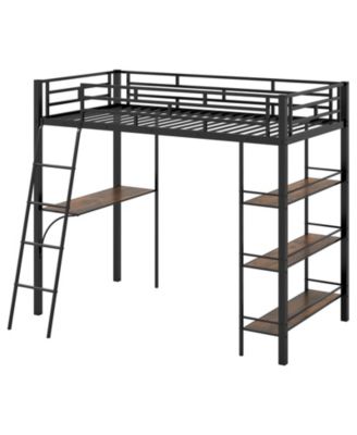 Twin Metal Loft Bed with Desk, 3-Tier Shelf and Ladder