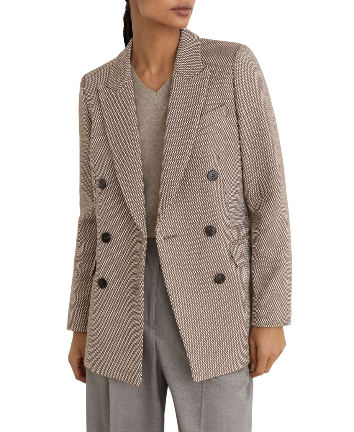 Reiss Petite Aubrey Double-Breasted Wool-Blend Padded-Shoulder Blazer - Taupe Neutral