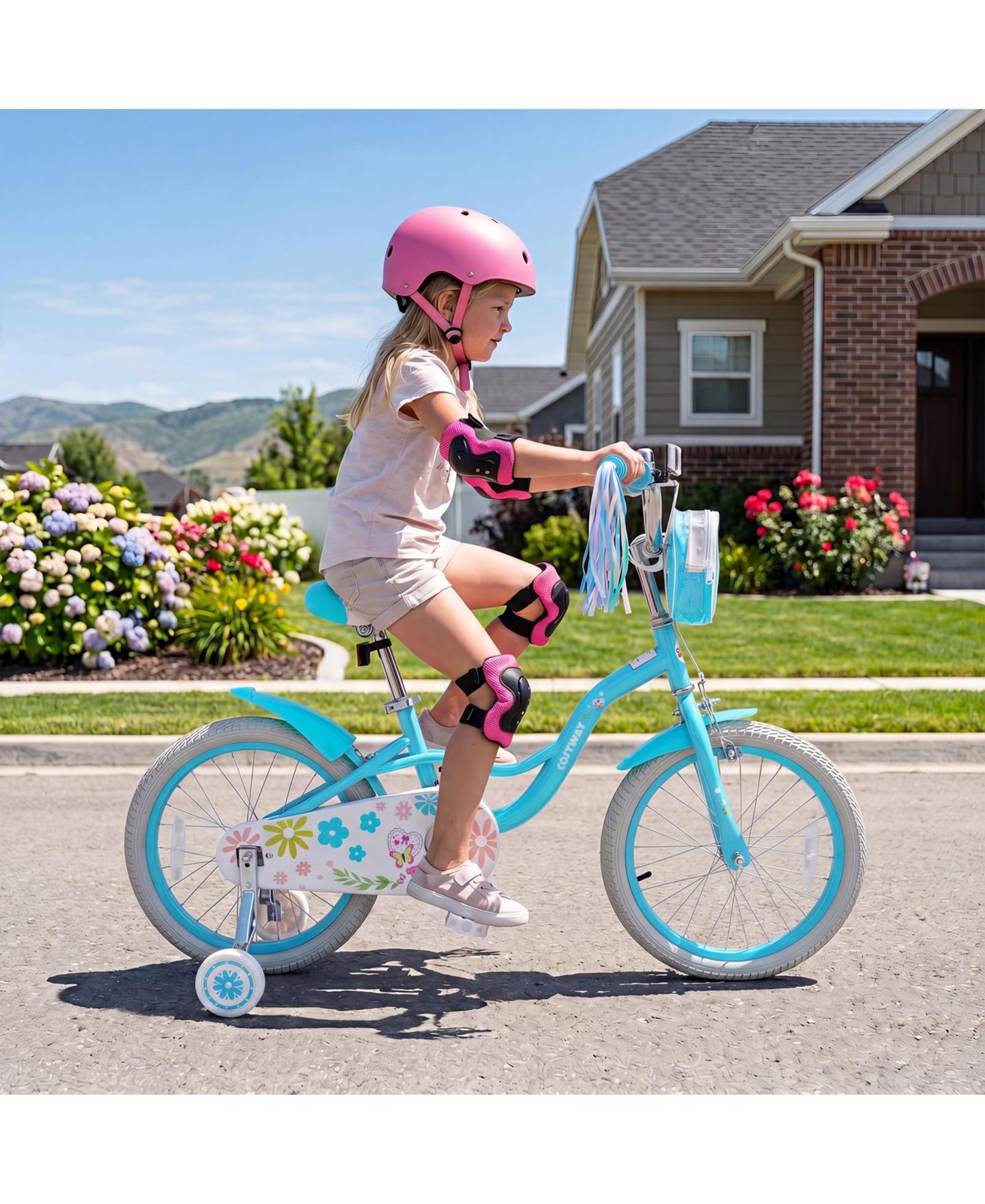 Детские игрушки Costway Girls 18" Bike with Front Bag, Training Wheels, 4–8 лет, цвет: Синий — фото 2