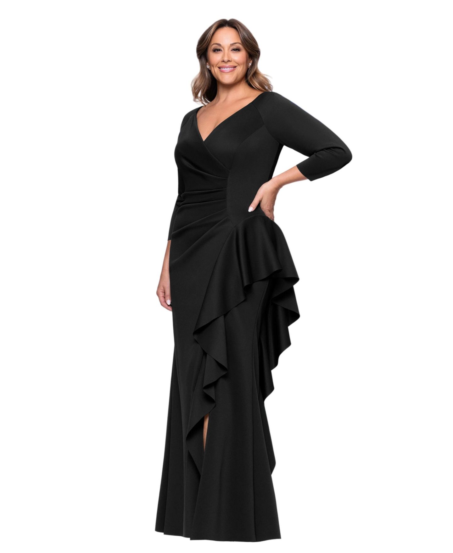 Женское платье XSCAPE Plus V-Neck Ruffled Side-Slit Scuba Gown, цвет: Чёрный — фото 2