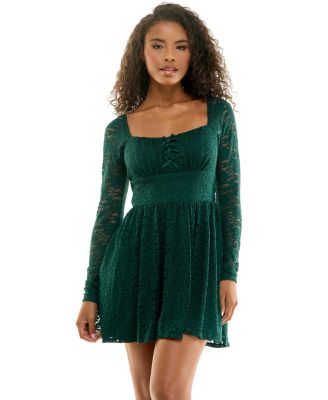 Juniors' Emma Long-Sleeve Square-Neck Fit & Flare Lace Mini Dress