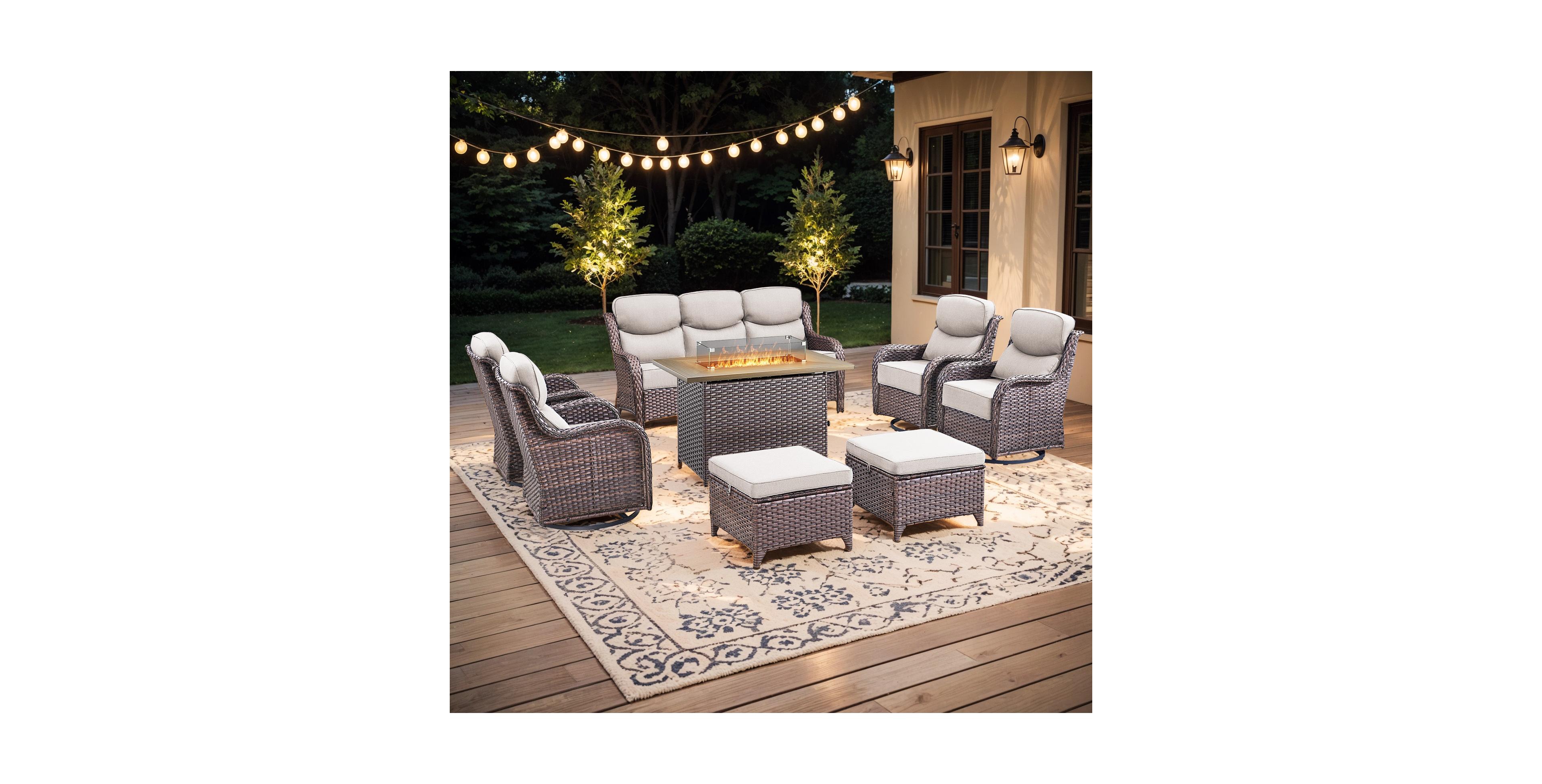 Pocassy 8-Piece Wicker Patio Conversation Set with Fire Pit Table, Swivel Rockers and 6-Inch Cushions for Outdoor Living
