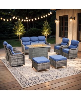 8-Piece Wicker Patio Conversation Set with Fire Pit Table, Swivel Rockers and 6-Inch Cushions for Outdoor Living