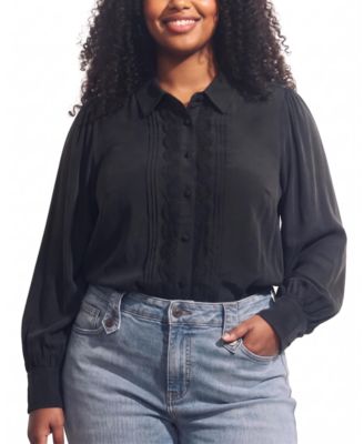 Plus Size Spellbound Pleated Lace-Trim Collared Blouse