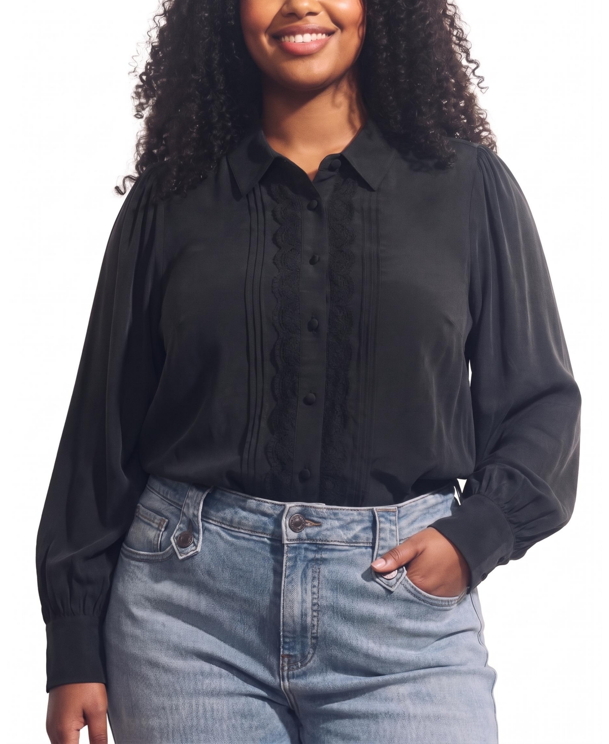 Universal Standard Plus Size Spellbound Pleated Lace-Trim Collared Blouse - Black with lace trim