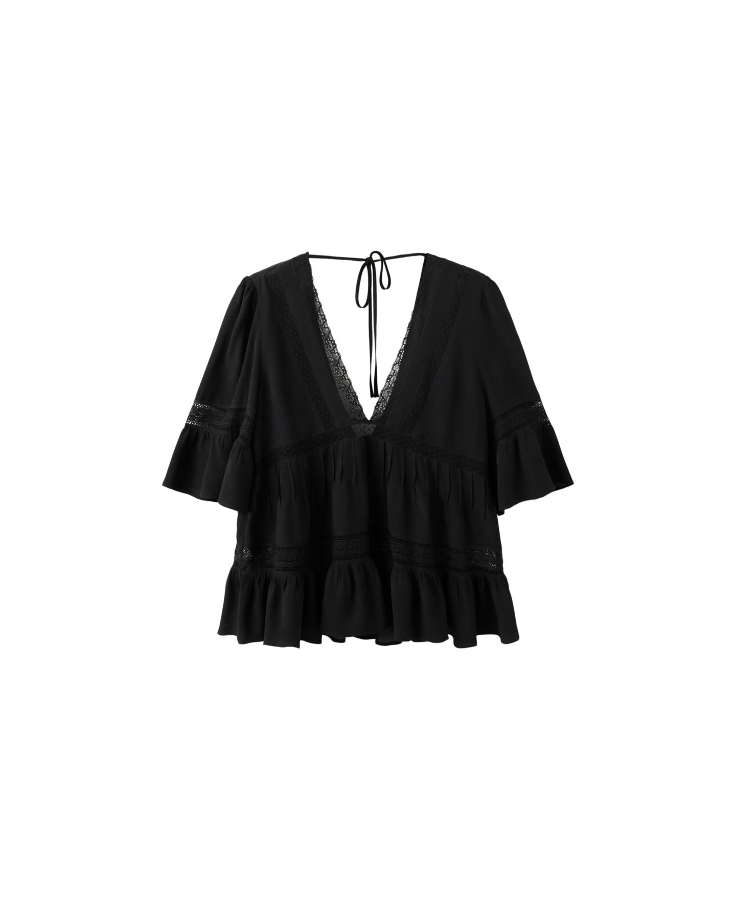 Женская блузка Mango Short-Sleeve Lace-Trim V-Neck, цвет: Чёрный — фото 1